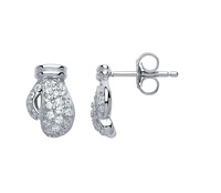 UNISEX RHODIUM PLATED SILVER CZ BOXING GLOVE STUD EARRINGS 7MM