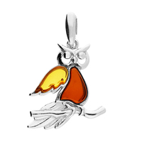 Sterling Silver Pendant Amber owl on a beautiful leafy branch