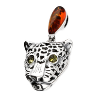 Sterling Silver Pendant Friendly Leopard with Green Amber Eyes and Cognac Amber Bale