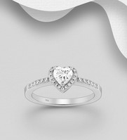 Sterling Silver Heart Ring, Set with Cubic Zirconia's