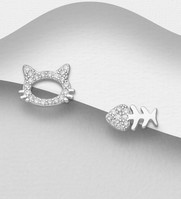 Sterling Silver Cat and Fish Stud Earrings, Set  with Cubic Zirconia's