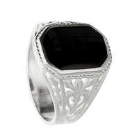 Sterling Silver Ring Jet stone cut-off rectangle shape with fancy decorative shoulders