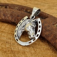 Sterling Silver Oxidized Horse and Horseshoe Pendant