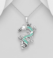 Sterling Silver Oxidized Dragon Pendant, Set with Turquoise