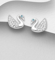 Sterling Silver Swan Stud Earrings, Set with Cubic Zirconia's