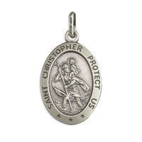 Sterling Silver St Christopher Large oval oxidised Protect Us