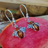 Sterling Silver Earrings Cognac Amber Bee Hook-in Drops