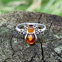 Sterling Silver Ring Cognac Amber Bee