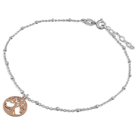 Sterling Silver Anklet 25cm/10in chain with rose gold-plated Tree-of-Life