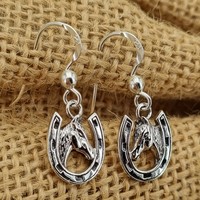 Sterling Silver Oxidized Horse and Horseshoe Hook Earrings