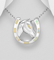 Sterling Silver Horse and Horseshoes Pendant Set With Lab-Created Opal