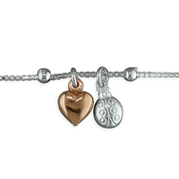 Sterling Silver Anklet 25cm rose gold-plated heart and silver ladybird charms