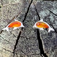 Sterling Silver Earring Cognac amber dolphin stud