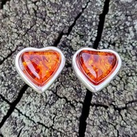 Sterling Silver Earring Cognac amber plain heart shaped stud