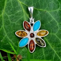 Sterling Silver Pendant Turquoise-Mix Amber Flower