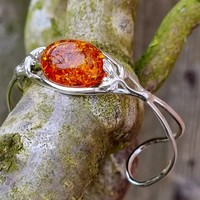 Sterling Silver Bangle Cognac amber oval with leaves
