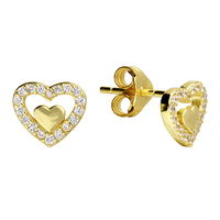 Sterling Silver Earring Yellow gold plated open cubic zirconia heart with plain inner heart stud