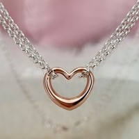 Sterling Silver Necklace 16.5" rose gold-plated heart on silver double chain
