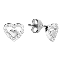 Sterling Silver Earring Open cubic zirconia heart with plain inner heart stud