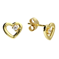 Sterling Silver Earring Yellow gold plated single cubic zirconia open heart stud