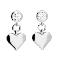 Sterling Silver Earring Cubic zirconia stud with a plain heart drop