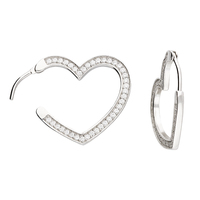 Sterling Silver Earring Rhodium plated white cubic zirconia heart hoop