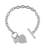 Sterling Silver Bracelet 19.5cm/7.5in double heart and T-bar