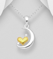 Sterling Silver Moon, Star and Heart Pendant, Heart Plated with 1 Micron of 18K Yellow Gold