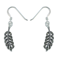 Sterling Silver Earring Marcasite feather hook-in drop