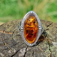 Sterling Silver Ring Large, adjustable, vintage-style, oval, cognac amber ring