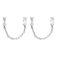 Sterling Silver Earring Double cubic zirconia baguette stud and chain drop