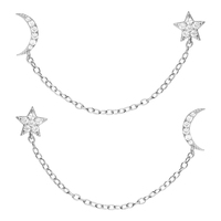 Sterling Silver Earring Star and moon double cubic zirconia stud and chain drop