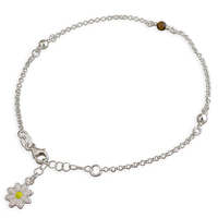 Sterling Silver Anklet 8.5-10in Tigers Eye and plain beads with enamel daisy drop