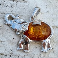 Sterling Silver Pendant Cognac Amber Fancy Elephant