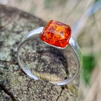 Sterling Silver Ring Cognac amber, square on a plain band