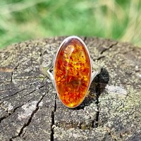 Sterling Silver Ring Cognac Amber, Long, Plain, Oval