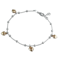 Sterling Silver Anklet 9.5" five rose gold-plated hearts on chain