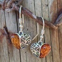 Sterling Silver Earrings Cognac Amber Fancy-Sided Heart Hook-In Drops