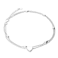 Sterling Silver Anklet 8.5"-10" Double Chain Round and Oval Beads with a Heart Charm