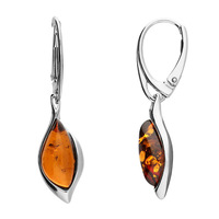 Sterling Silver Earring Cognac amber abstract ellipse hinged hook through fitting