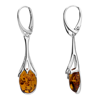 Sterling Silver Earring Oval cognac amber sunflower. Hinged hook through fitting