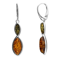 Sterling Silver Earring Graduated Mixed Amber Duo Twist. Hinged Hook Through Fitting