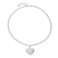 Sterling Silver Anklet 21.5-24cm Extender. White Cubic Zirconia Tennis with a Paved Heart Charm