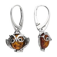 Sterling Silver Earring Cognac Amber Wise Owl with Hinged Hook-Through Fitting