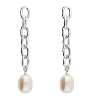 Sterling Silver Earring White fresh water pearl chain link stud drop