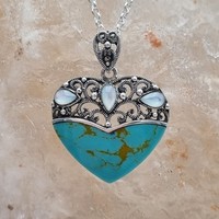 Sterling Silver Pendant Marcasite, Mother-of-Pearl and synthetic turquoise heart