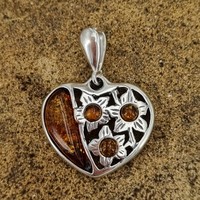Sterling Silver Pendant Cognac amber flower heart