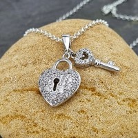 Sterling Silver Pendant White cubic zirconia heart and key
