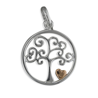 Sterling Silver Pendant Tree in circle with two-tone heart