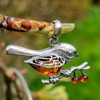 Sterling Silver Pendant Cognac amber robin on a branch with cognac amber berries